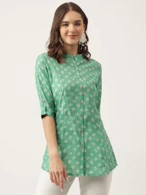 Jashvi See green Bandhani Printed Muslin Fold Sleeve top