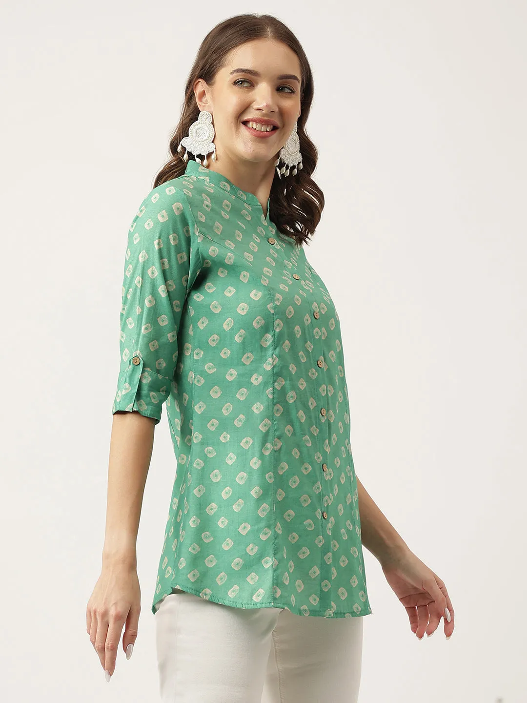 Jashvi See green Bandhani Printed Muslin Fold Sleeve top