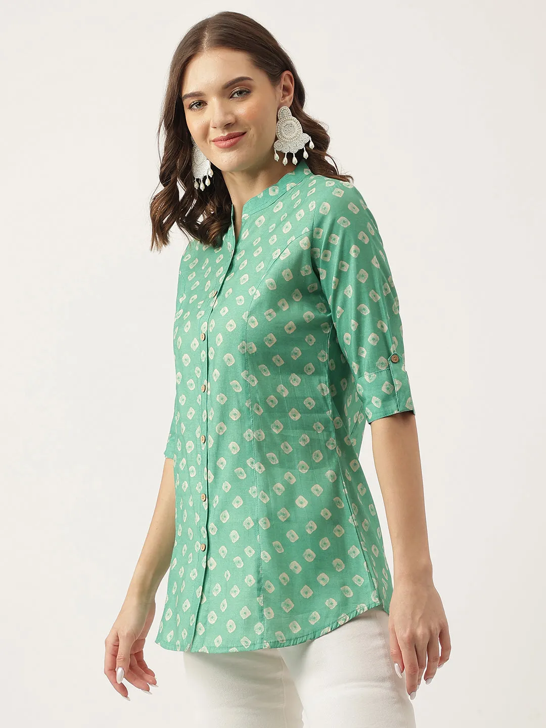 Jashvi See green Bandhani Printed Muslin Fold Sleeve top