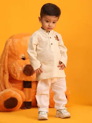 Jashvi SISHU Boy's Beige and White Embroidered Cotton Kurta Pyjama Set