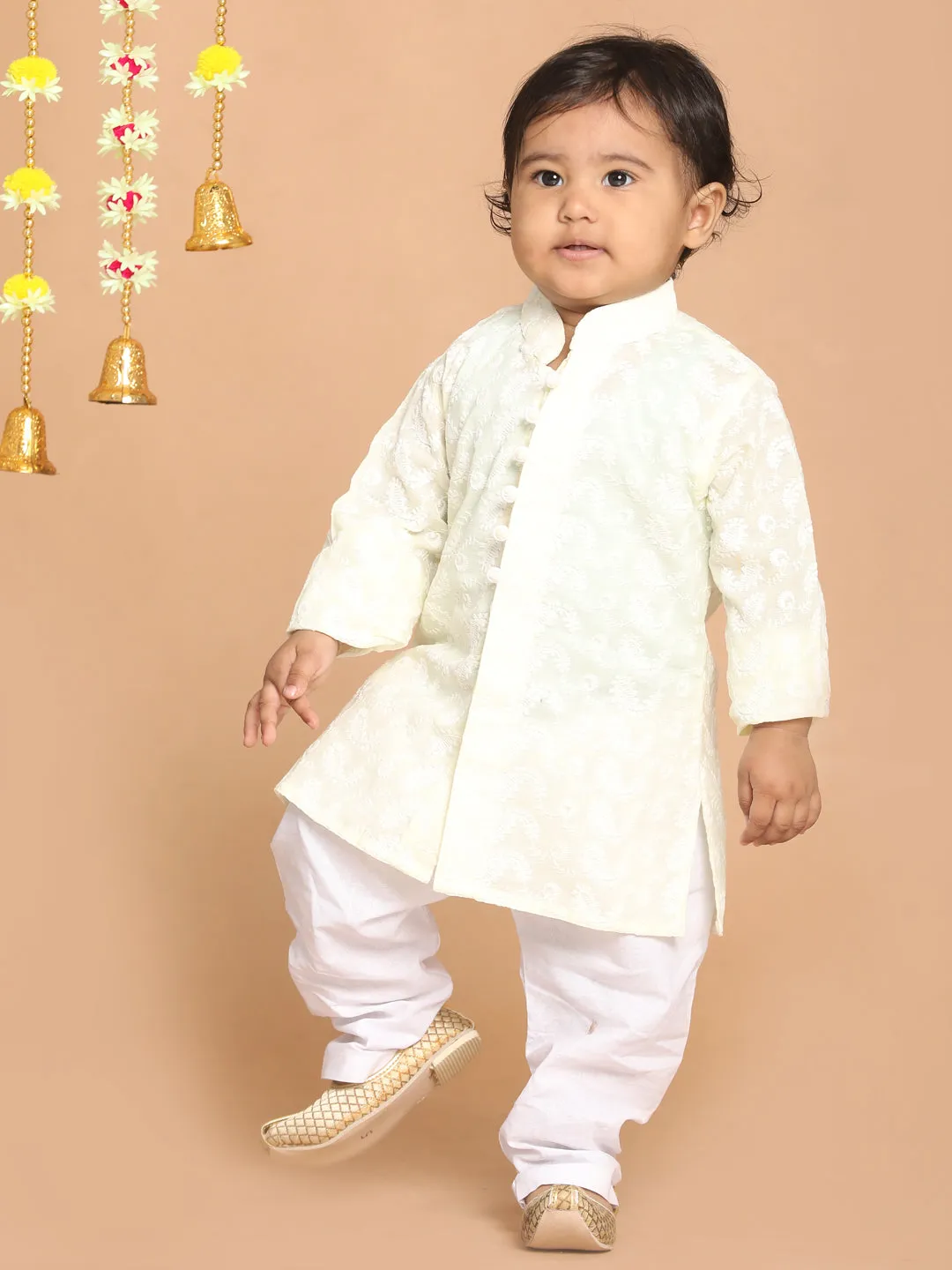 Jashvi SISHU Boy's Yellow Chikankari Pure Cotton Kurta With Pyjama Set