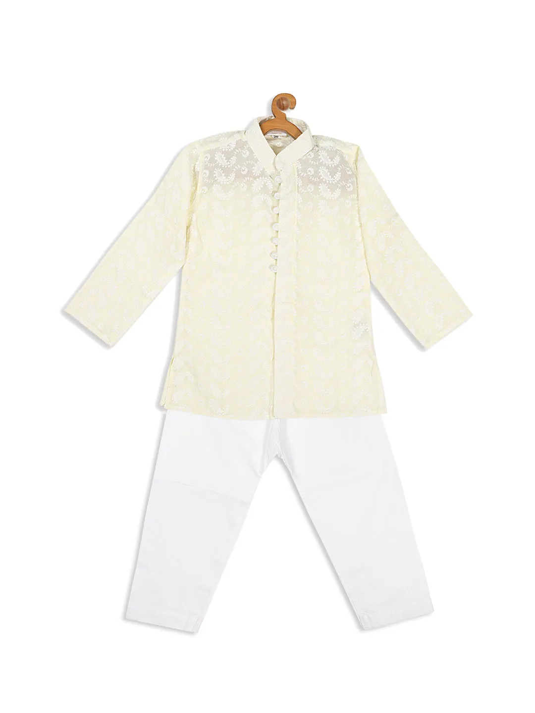 Jashvi SISHU Boy's Yellow Chikankari Pure Cotton Kurta With Pyjama Set