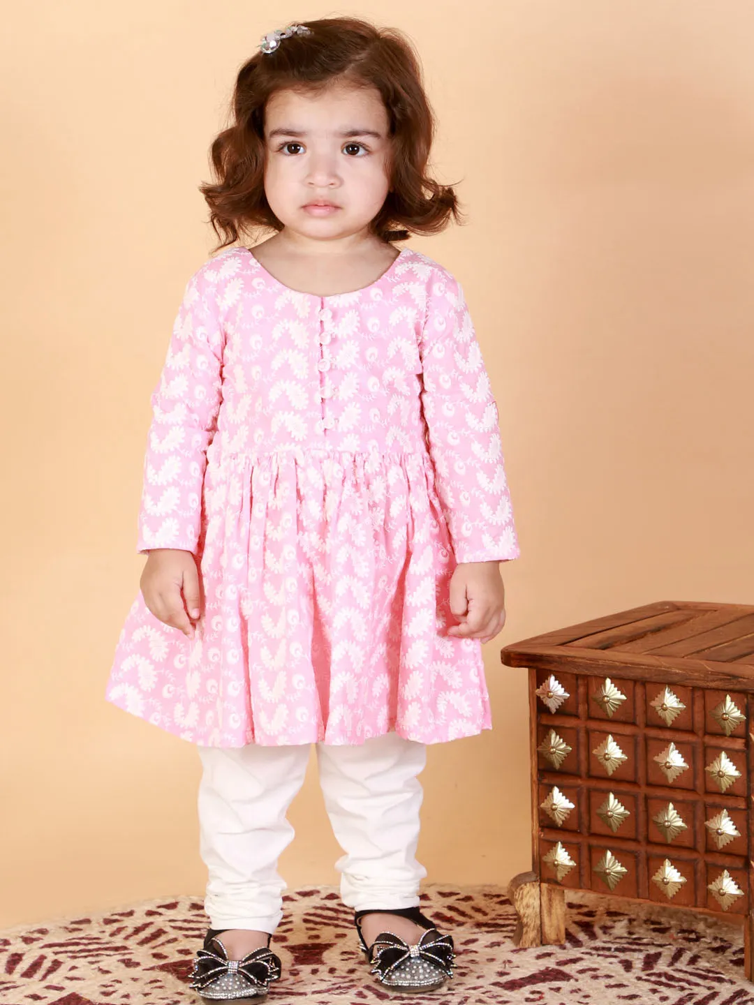 Jashvi SISHU Girl's Pink And White Chikankari Kurta Leggings Set