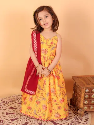 Jashvi SISHU Girl's Yellow Floral Print Anarkali Kurta With Dupatta