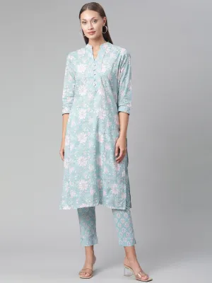 Jashvi Sky Blue Cotton kurta Pant set