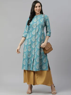 Jashvi Sky Blue Cotton Printed Kurta