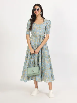 Jashvi Sky Blue Floral Printed Calf length Dress