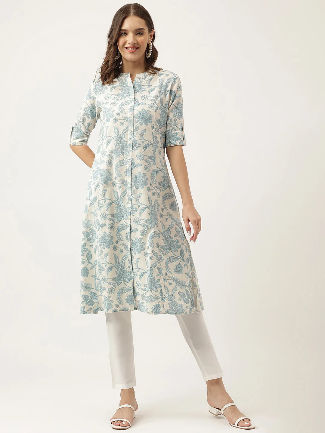 Jashvi Sky blue Floral Printed Cotton A-Line Kurta