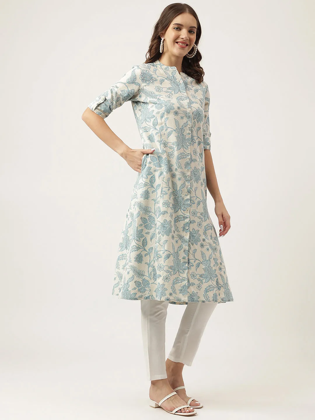 Jashvi Sky blue Floral Printed Cotton A-Line Kurta