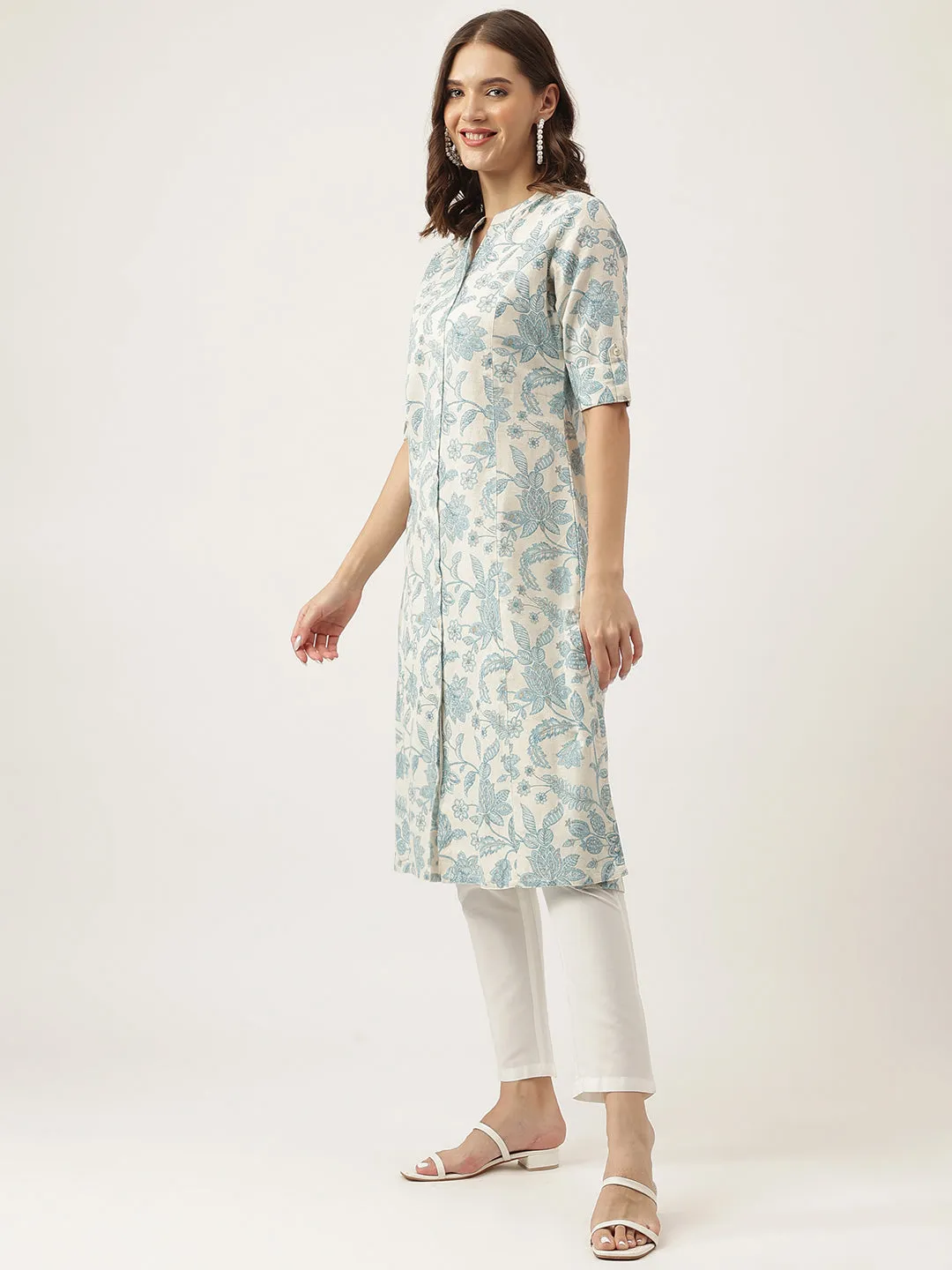 Jashvi Sky blue Floral Printed Cotton A-Line Kurta