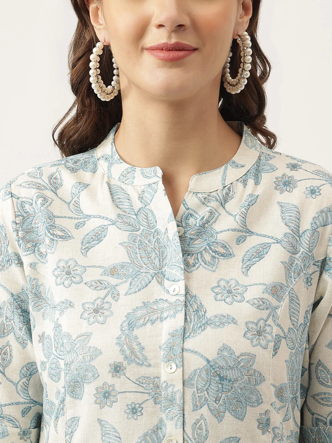 Jashvi Sky blue Floral Printed Cotton A-Line Kurta