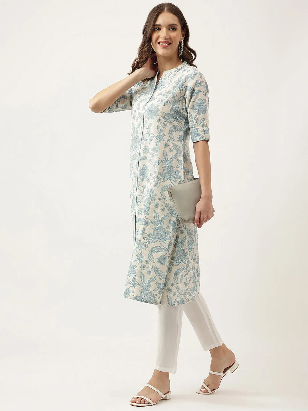 Jashvi Sky blue Floral Printed Cotton A-Line Kurta