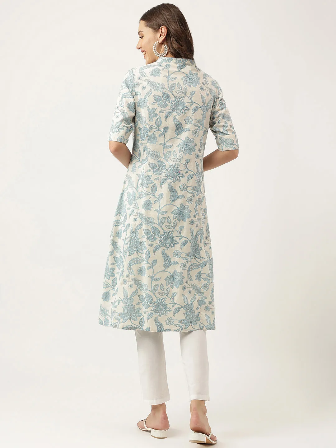 Jashvi Sky blue Floral Printed Cotton A-Line Kurta