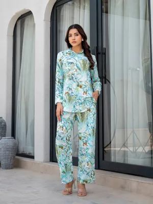 Jashvi Sky Blue Floral Printed Rayon Co-ord Set