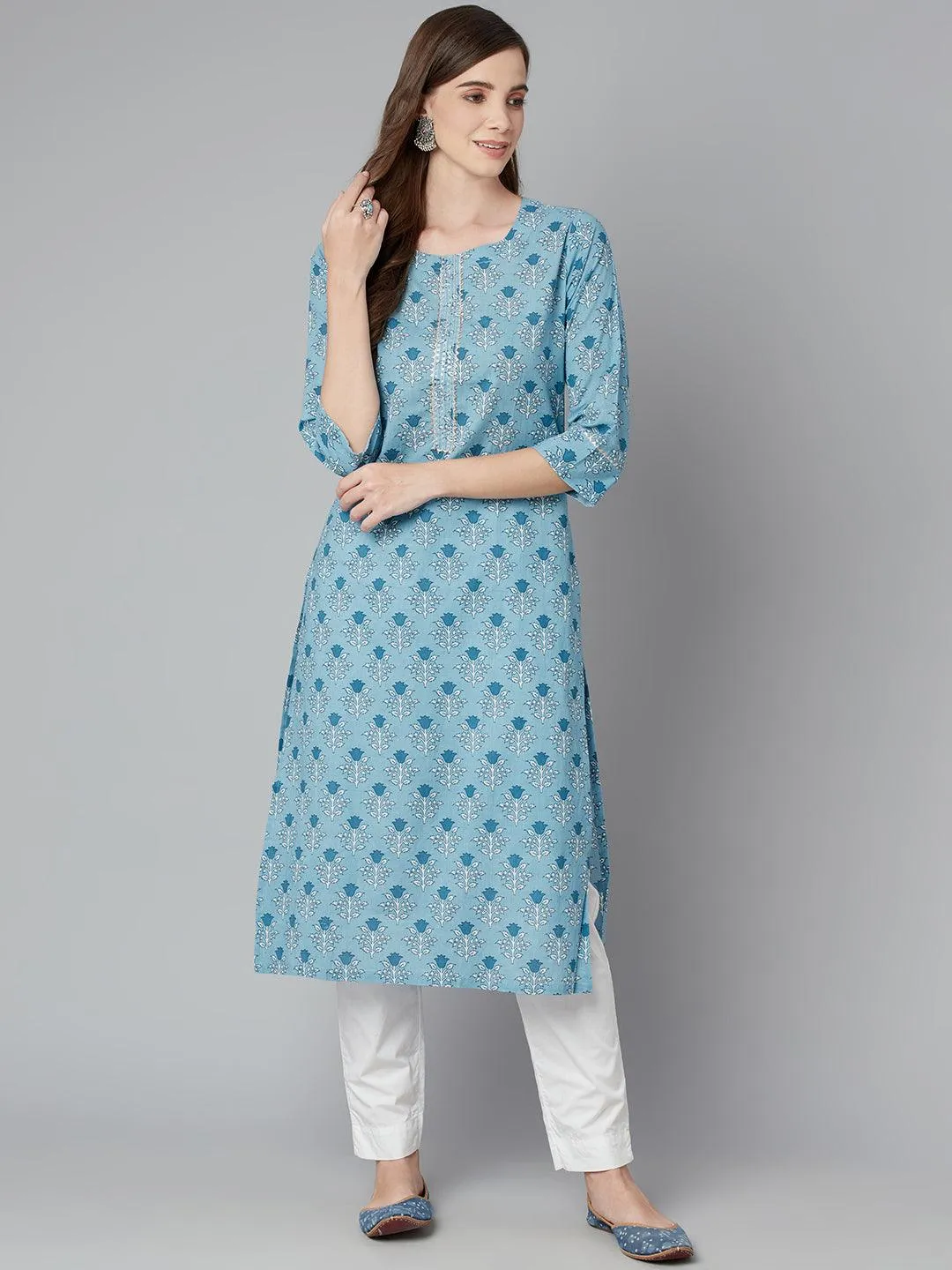 Jashvi Sky blue Floral Straight Kurta