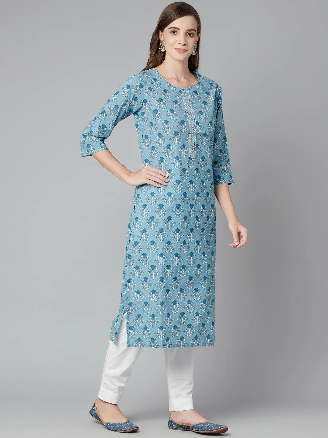 Jashvi Sky blue Floral Straight Kurta