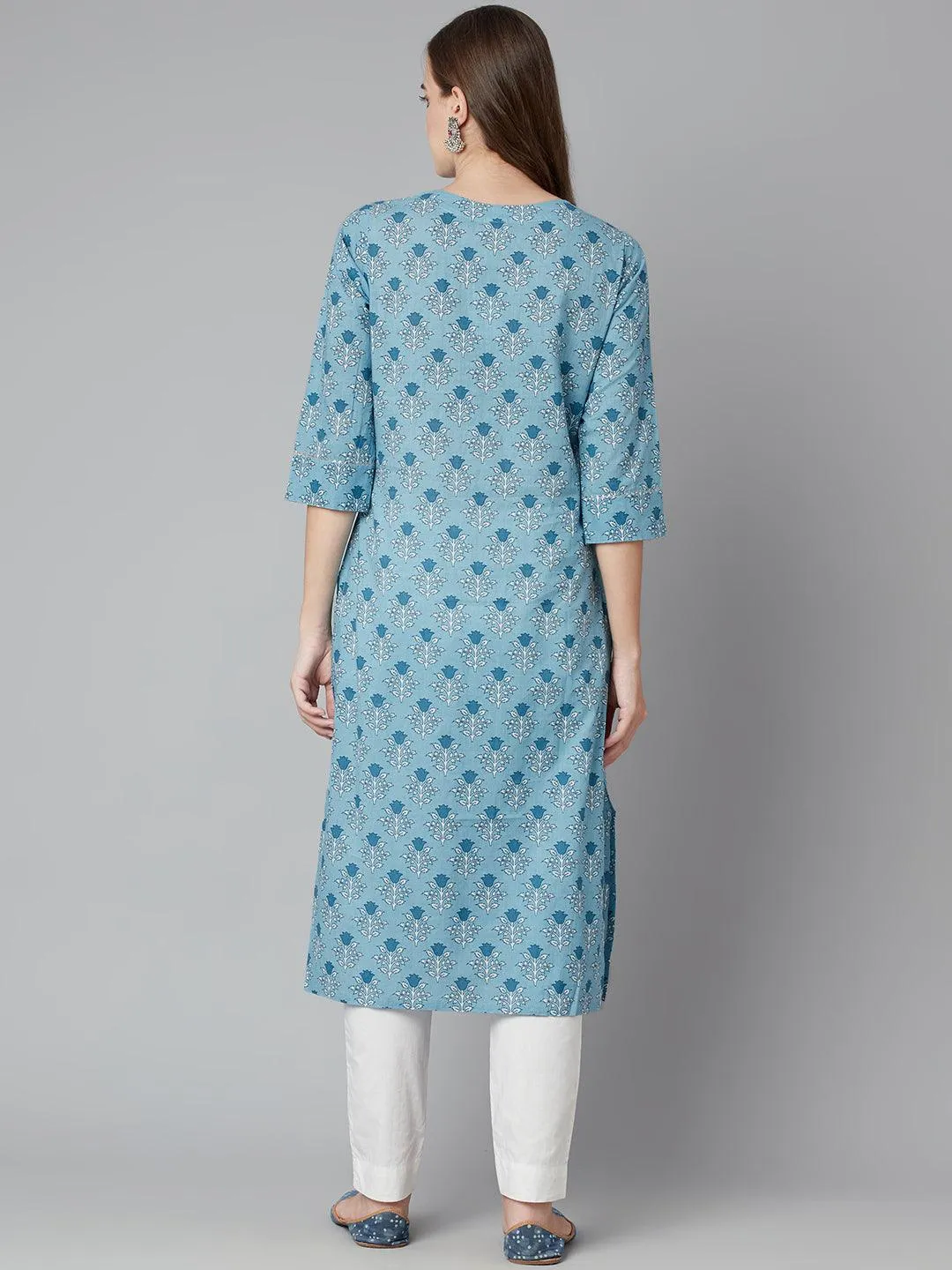 Jashvi Sky blue Floral Straight Kurta