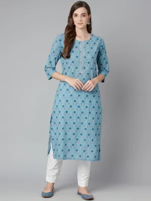 Jashvi Sky blue Floral Straight Kurta