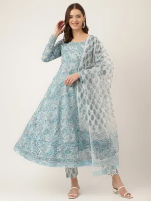 Jashvi Sky Blue Hand Block Floral Print Cotton Kurta, Trouser With Dupatta