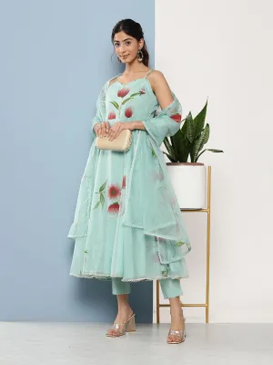 Jashvi Sky Blue Hand Painted Floral Organza Anarkali Kurta Pant Set with Dupatta