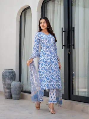 Jashvi Sky Blue HandBlock Floral Print Kurta Pant Dupatta Set