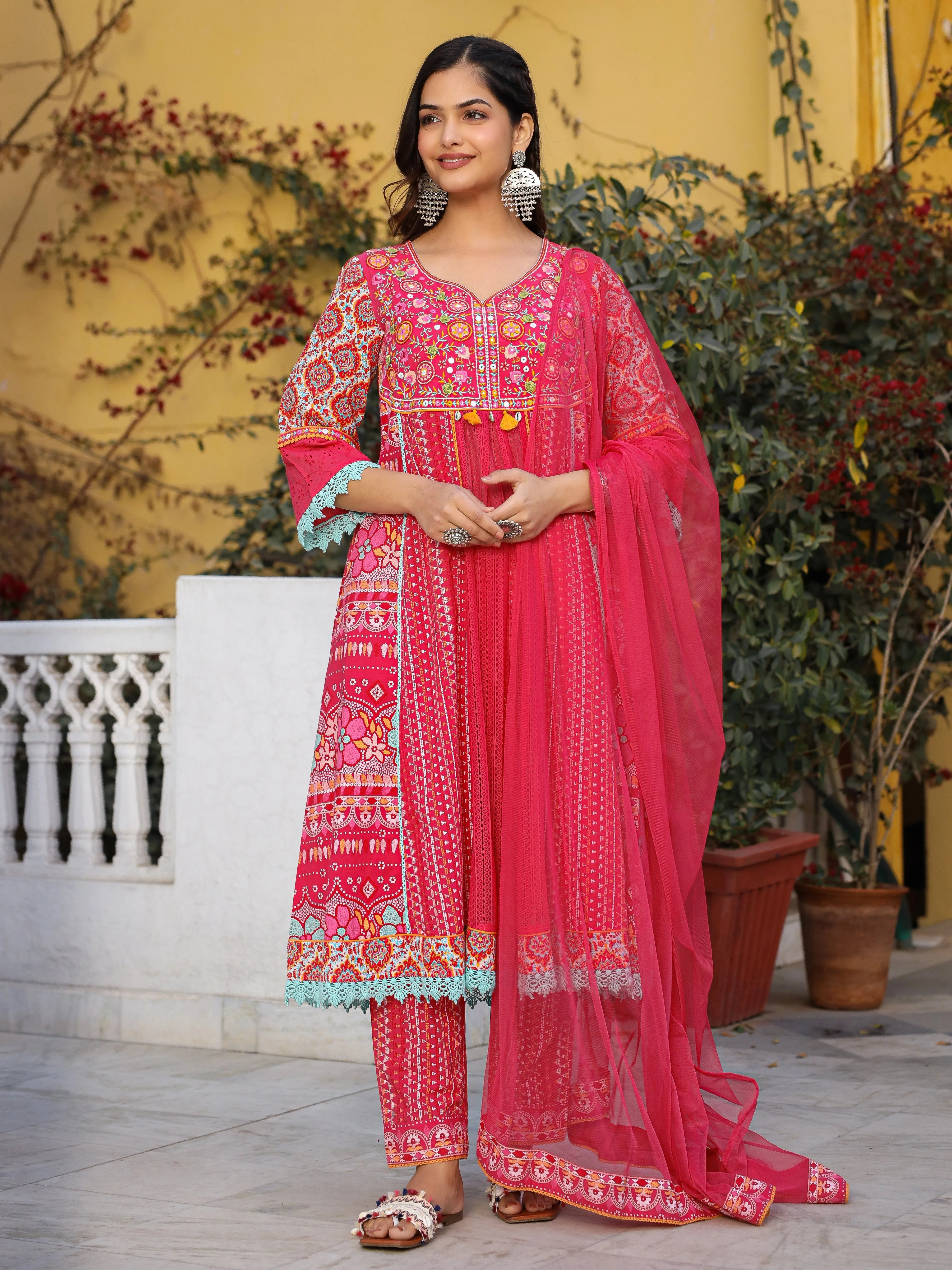 Jashvi Sujani Pink Cotton & Net Floral Printed & Embroidered Panelled Kurta With Pants And Dupatta Set