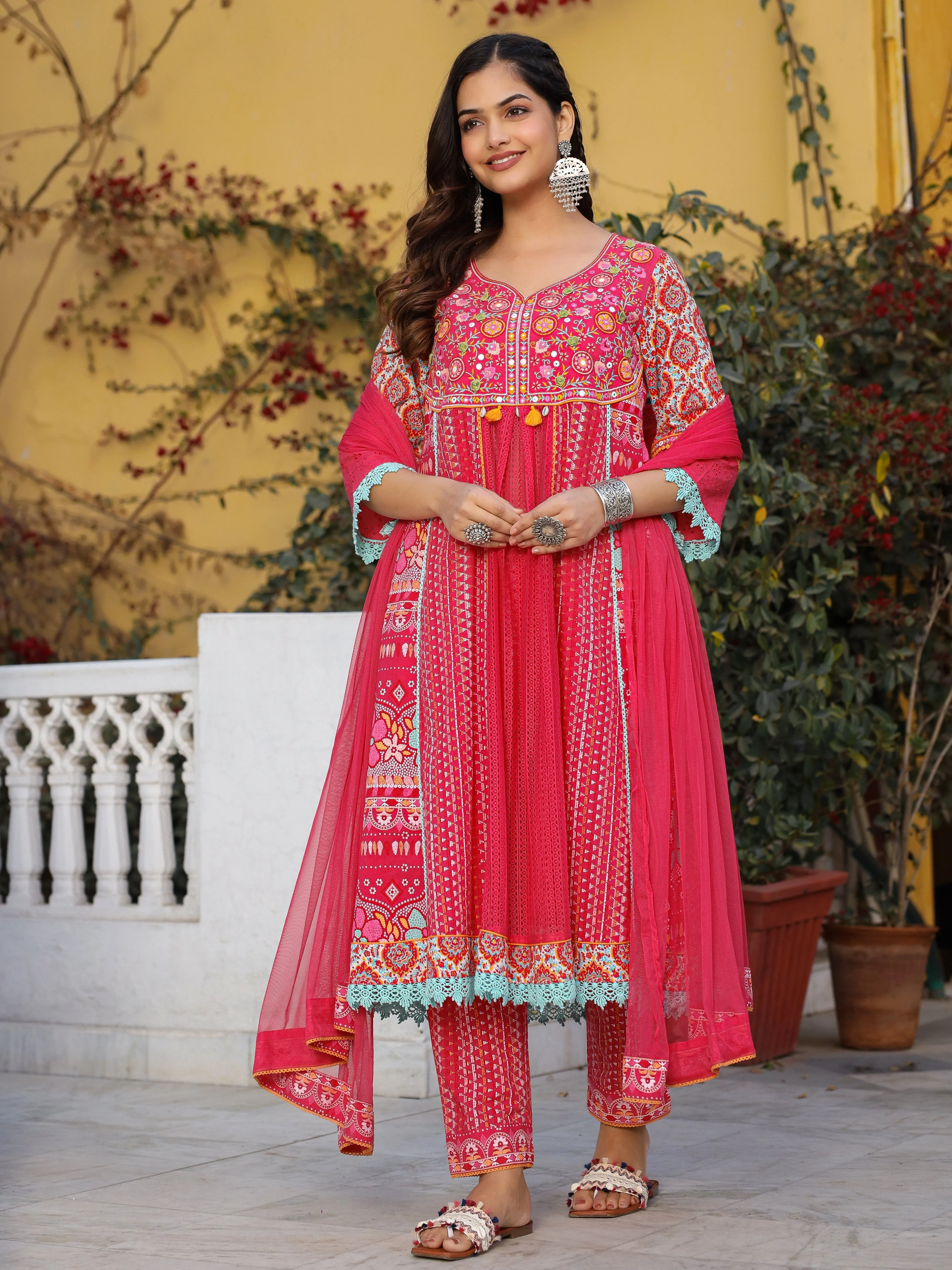 Jashvi Sujani Pink Cotton & Net Floral Printed & Embroidered Panelled Kurta With Pants And Dupatta Set