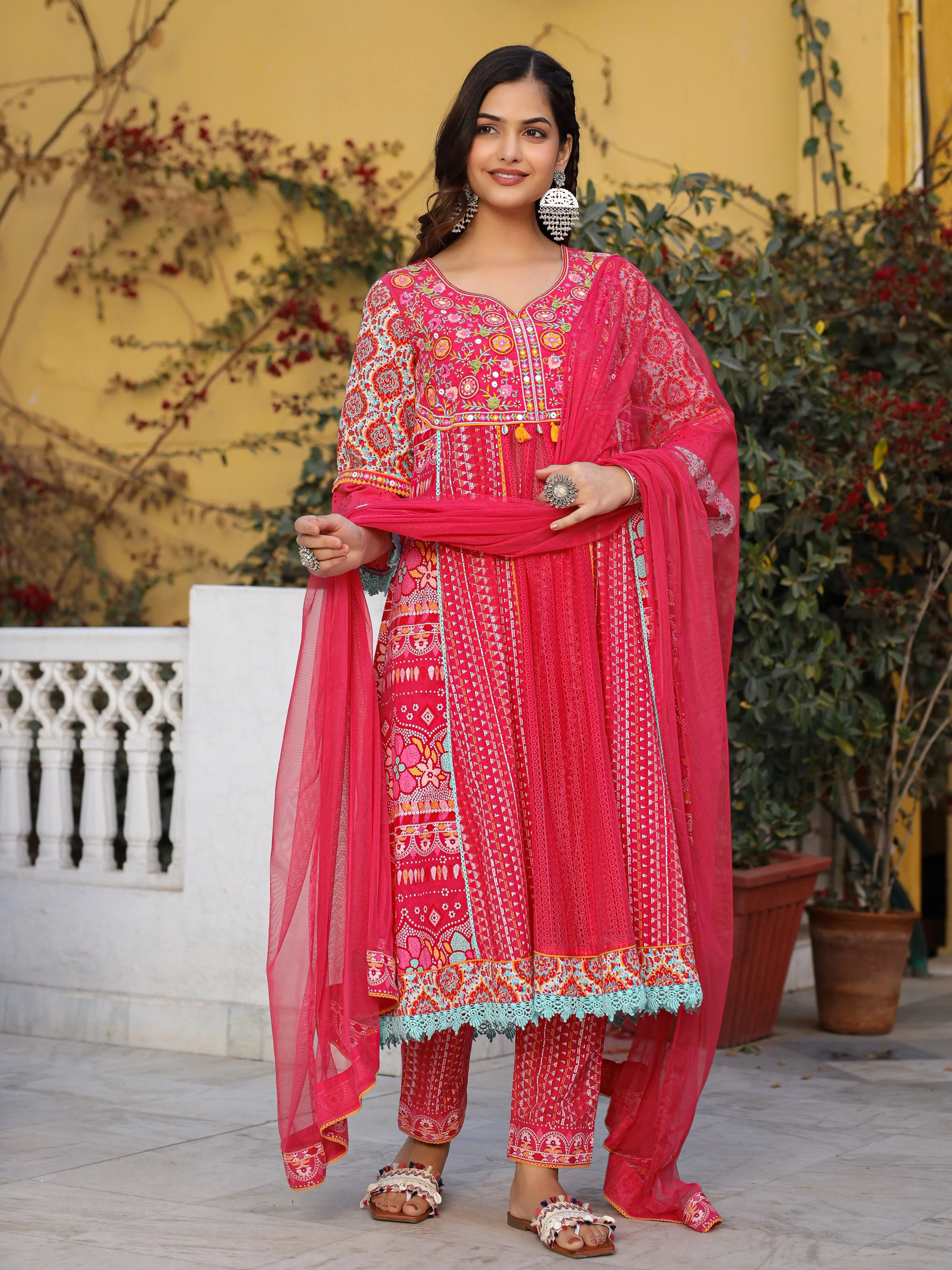 Jashvi Sujani Pink Cotton & Net Floral Printed & Embroidered Panelled Kurta With Pants And Dupatta Set