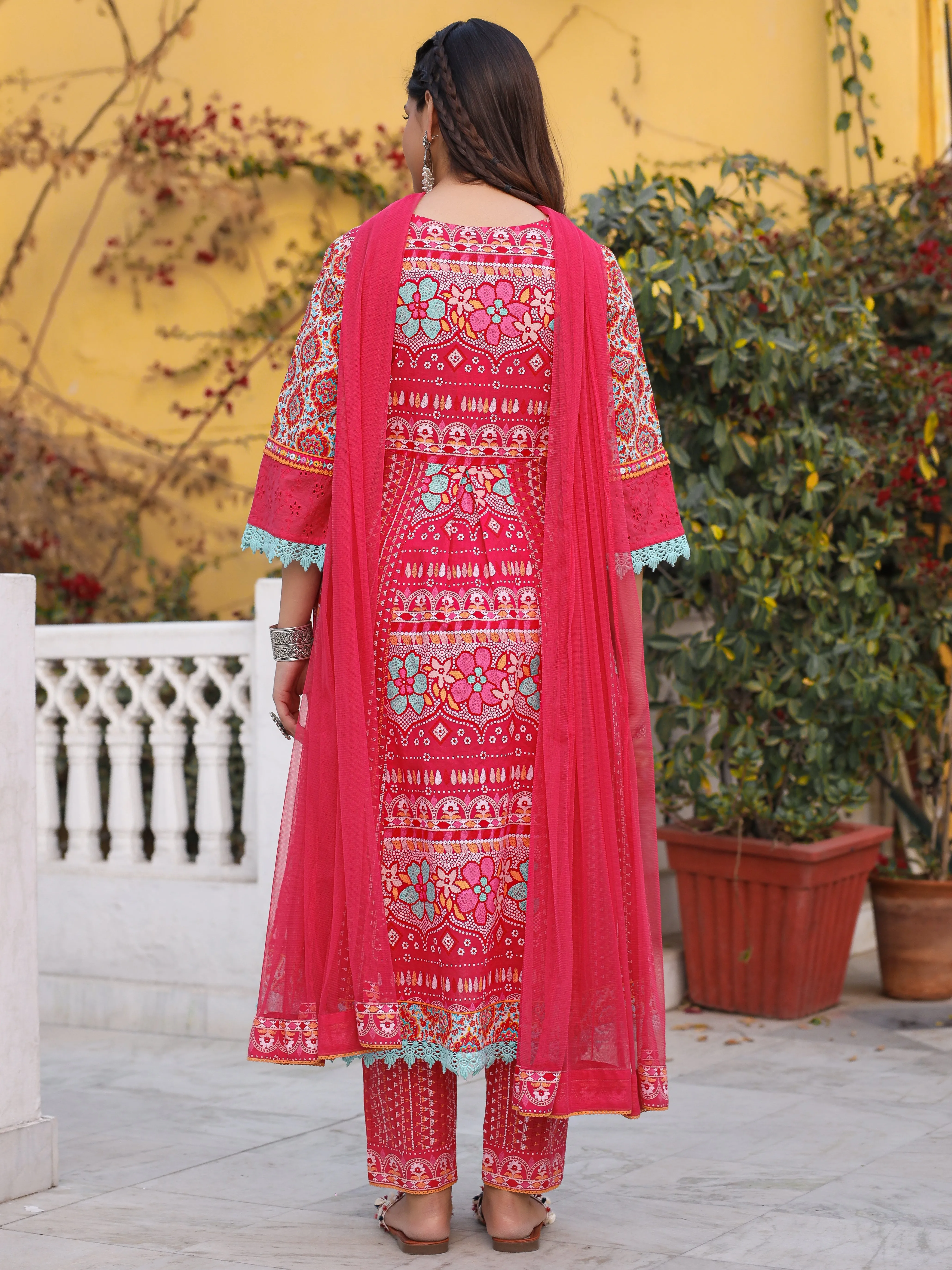 Jashvi Sujani Pink Cotton & Net Floral Printed & Embroidered Panelled Kurta With Pants And Dupatta Set