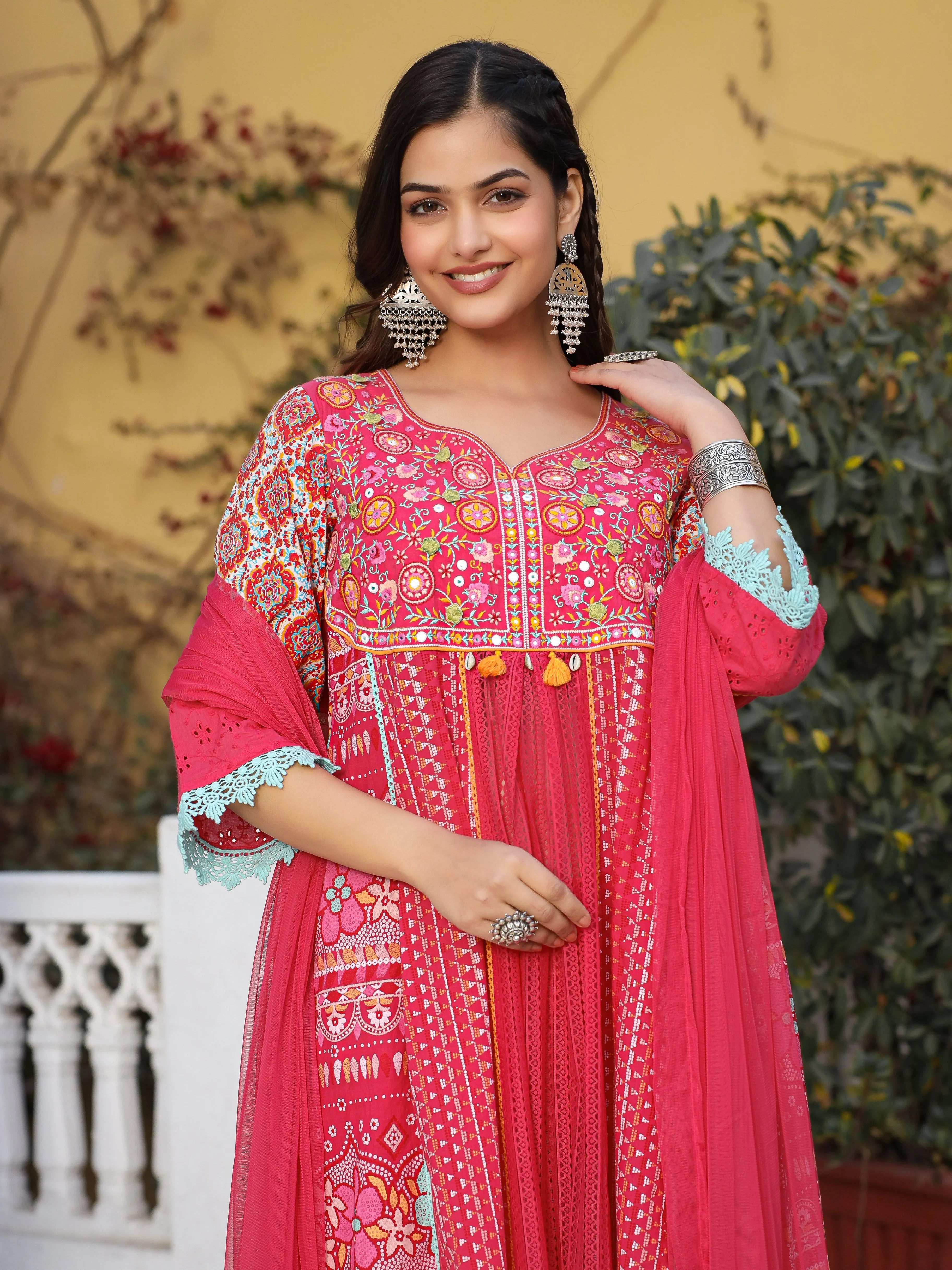 Jashvi Sujani Pink Cotton & Net Floral Printed & Embroidered Panelled Kurta With Pants And Dupatta Set