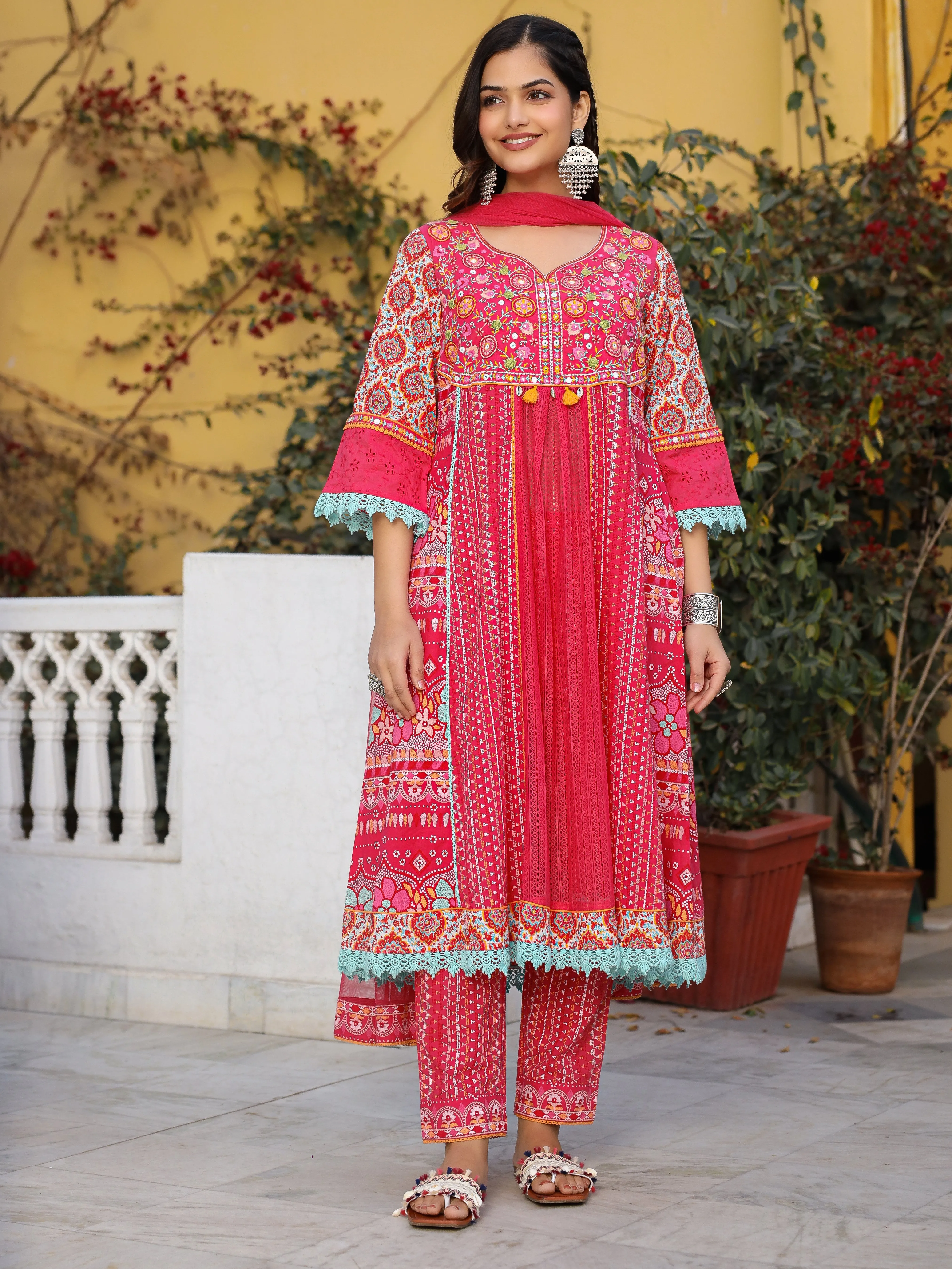 Jashvi Sujani Pink Cotton & Net Floral Printed & Embroidered Panelled Kurta With Pants And Dupatta Set