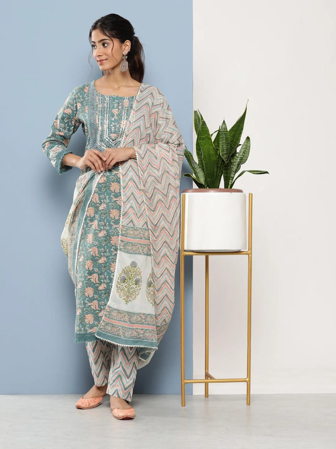 Jashvi Teal Blue Cotton Straight pant set with Dupatta