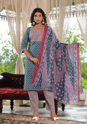 Jashvi Teal Blue Ethnic Motif Printed Cotton Kurta, Pant And Dupatta Set With Zari & Thread Work