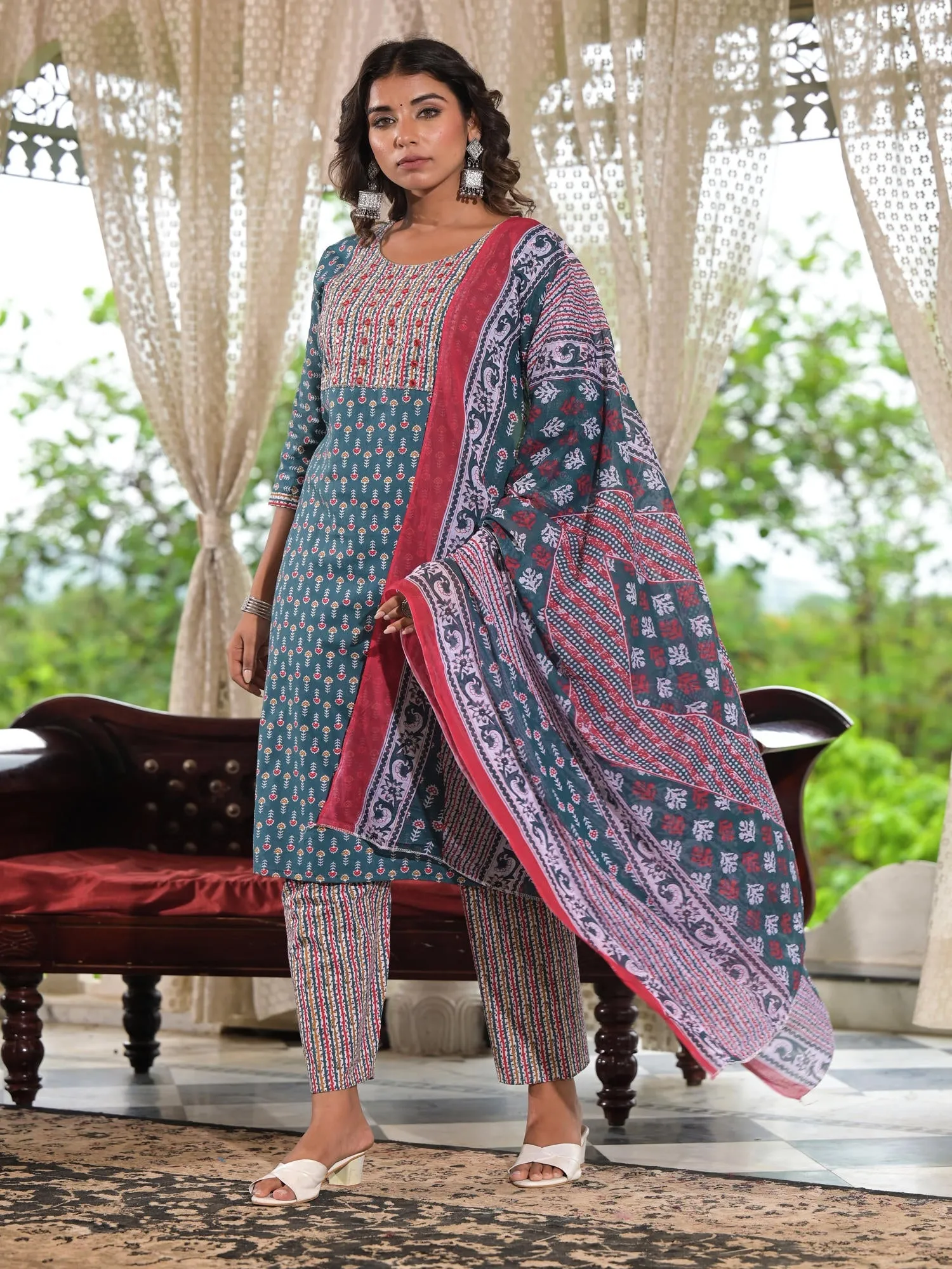 Jashvi Teal Blue Ethnic Motif Printed Cotton Kurta, Pant And Dupatta Set With Zari & Thread Work