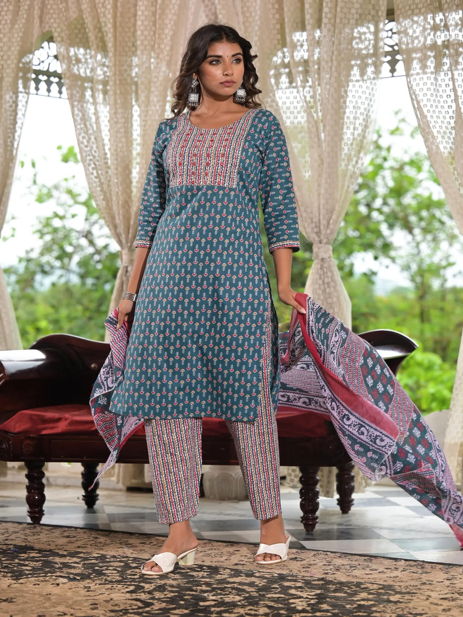 Jashvi Teal Blue Ethnic Motif Printed Cotton Kurta, Pant And Dupatta Set With Zari & Thread Work