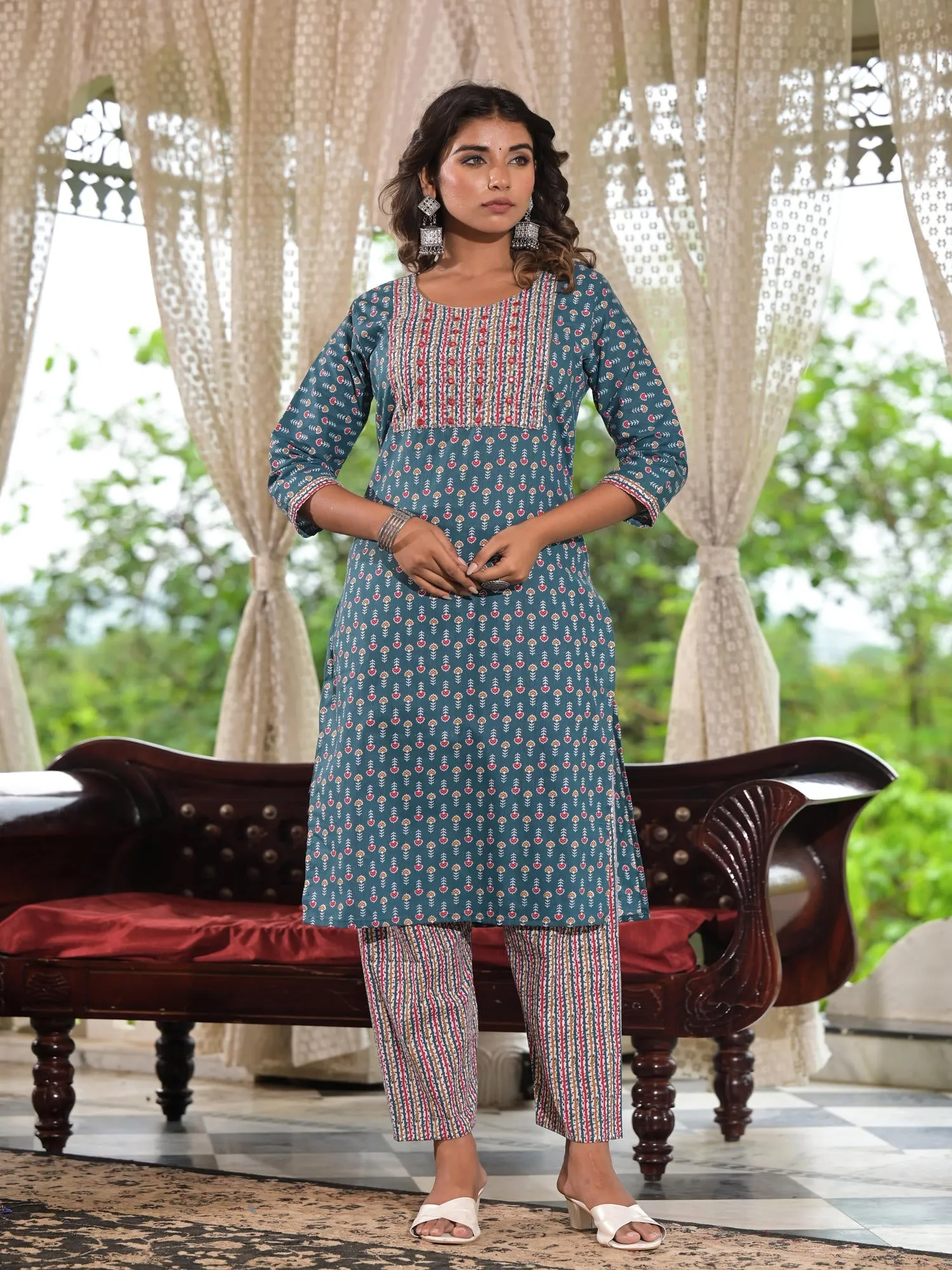 Jashvi Teal Blue Ethnic Motif Printed Cotton Kurta, Pant And Dupatta Set With Zari & Thread Work