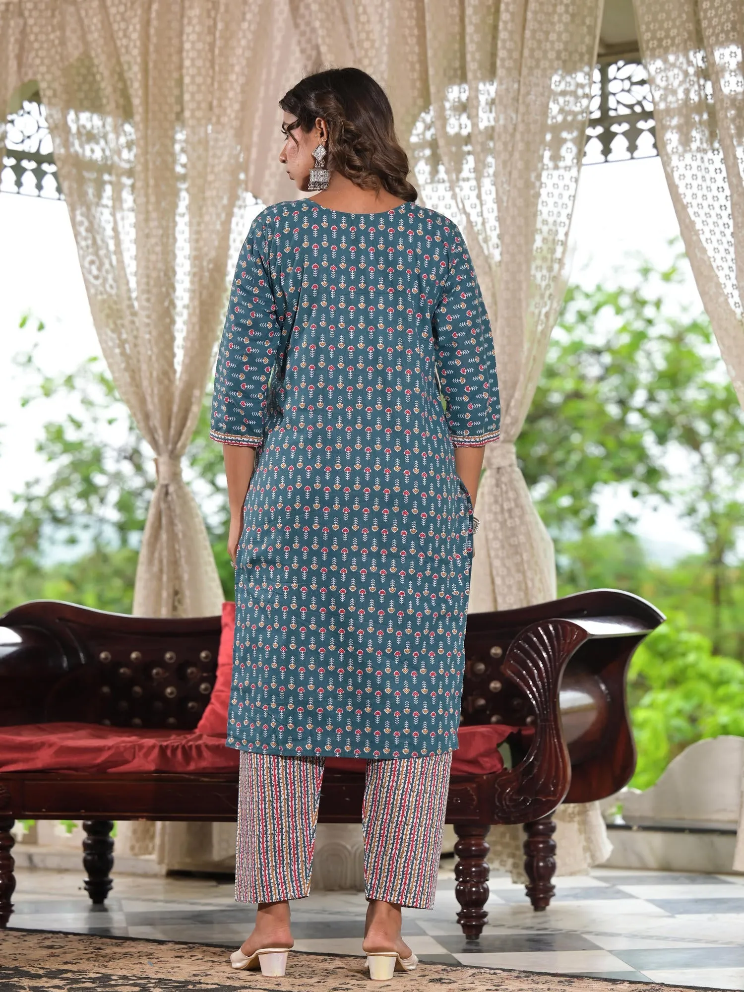 Jashvi Teal Blue Ethnic Motif Printed Cotton Kurta, Pant And Dupatta Set With Zari & Thread Work