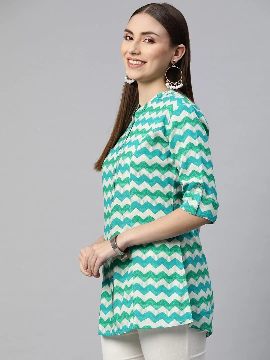 Jashvi Teal Blue Geomatric Rayon A-line Shirts Style Top