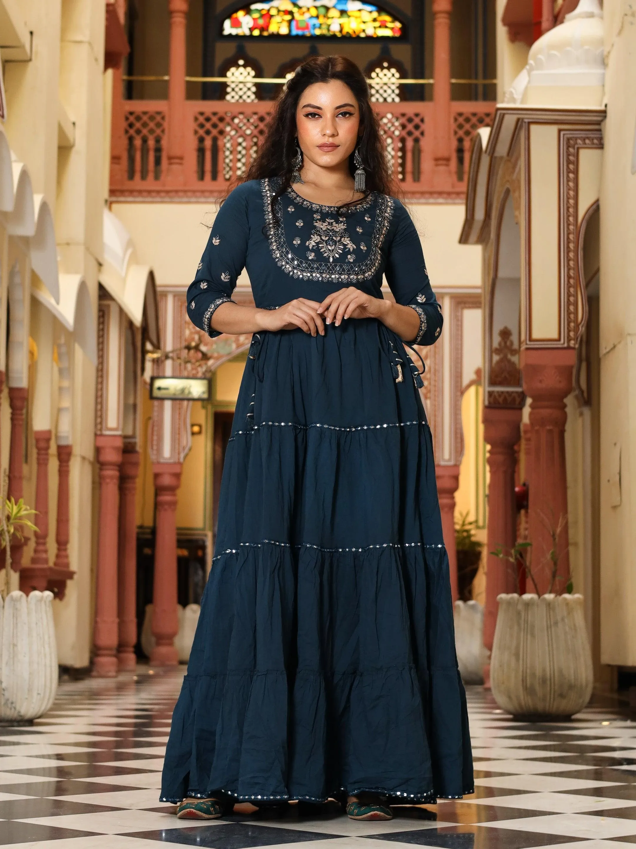 Jashvi Teal Blue Layered Kurta with Gota Work