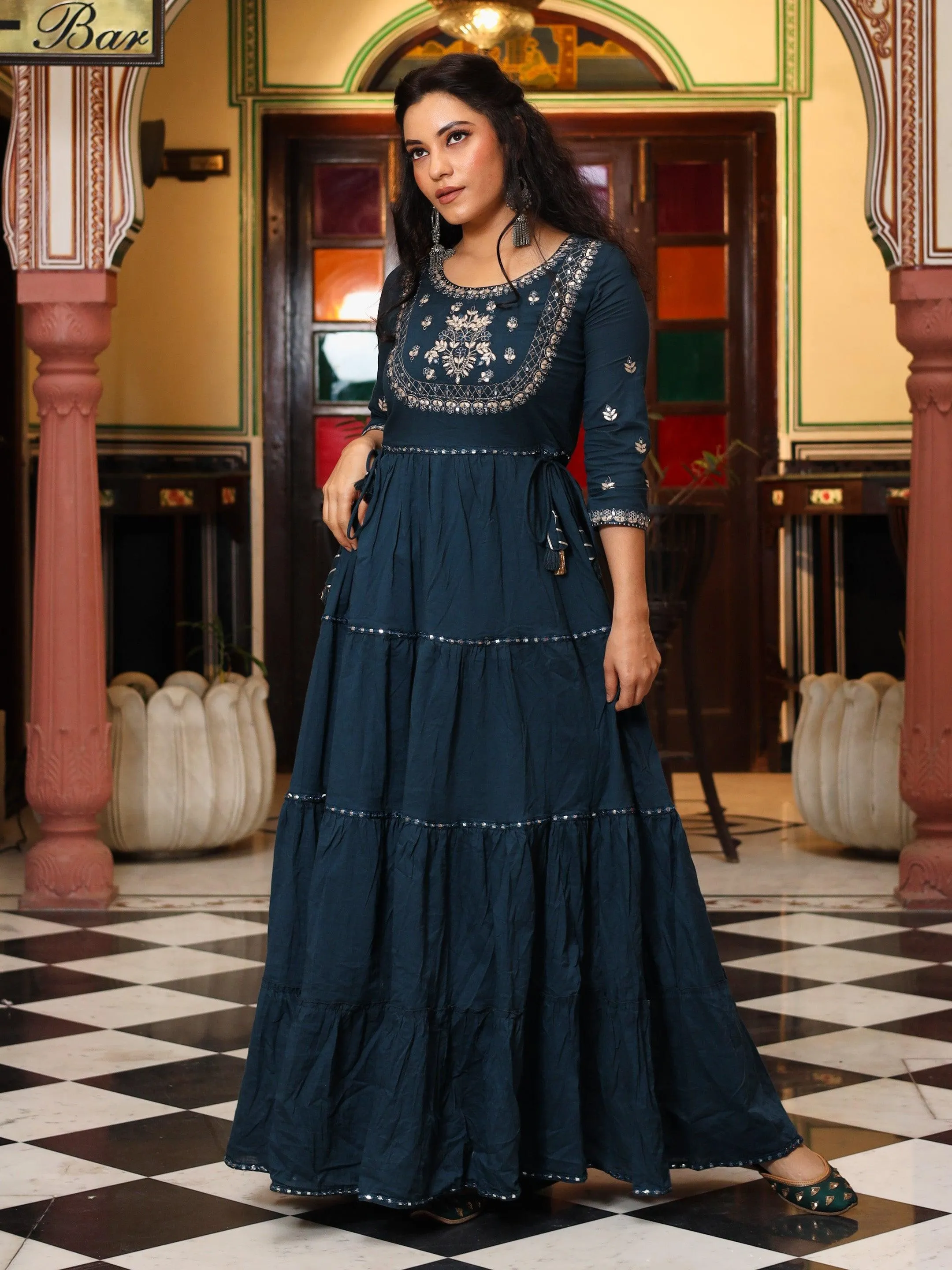 Jashvi Teal Blue Layered Kurta with Gota Work