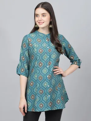 Jashvi Teal Blue Motif Printed Modal A-Line Shirts Style Top