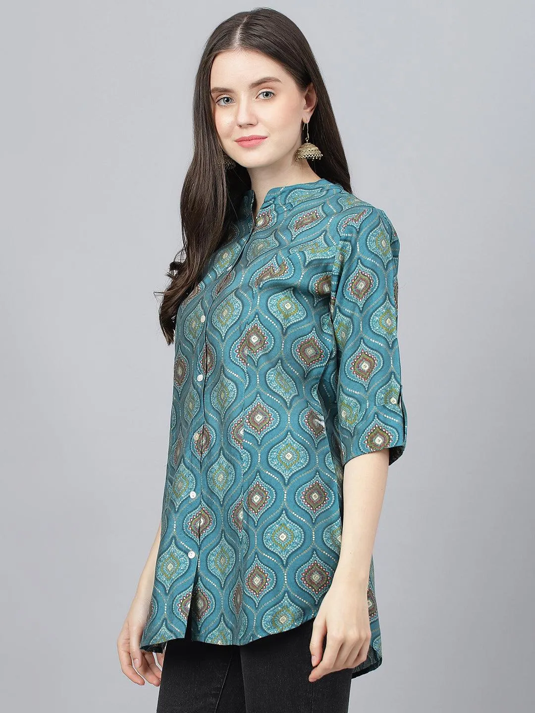 Jashvi Teal Blue Motif Printed Modal A-Line Shirts Style Top