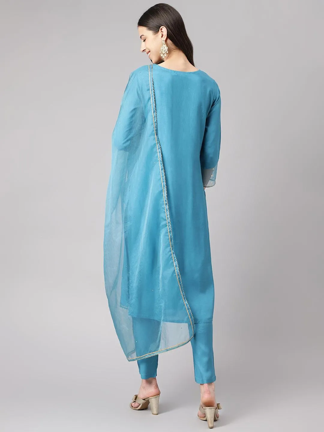 Jashvi Teal Blue Muslin Embroidary Kurta pant Set with Organza Dupatta