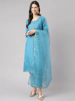 Jashvi Teal Blue Muslin Embroidery Kurta pant Set with Organza Dupatta