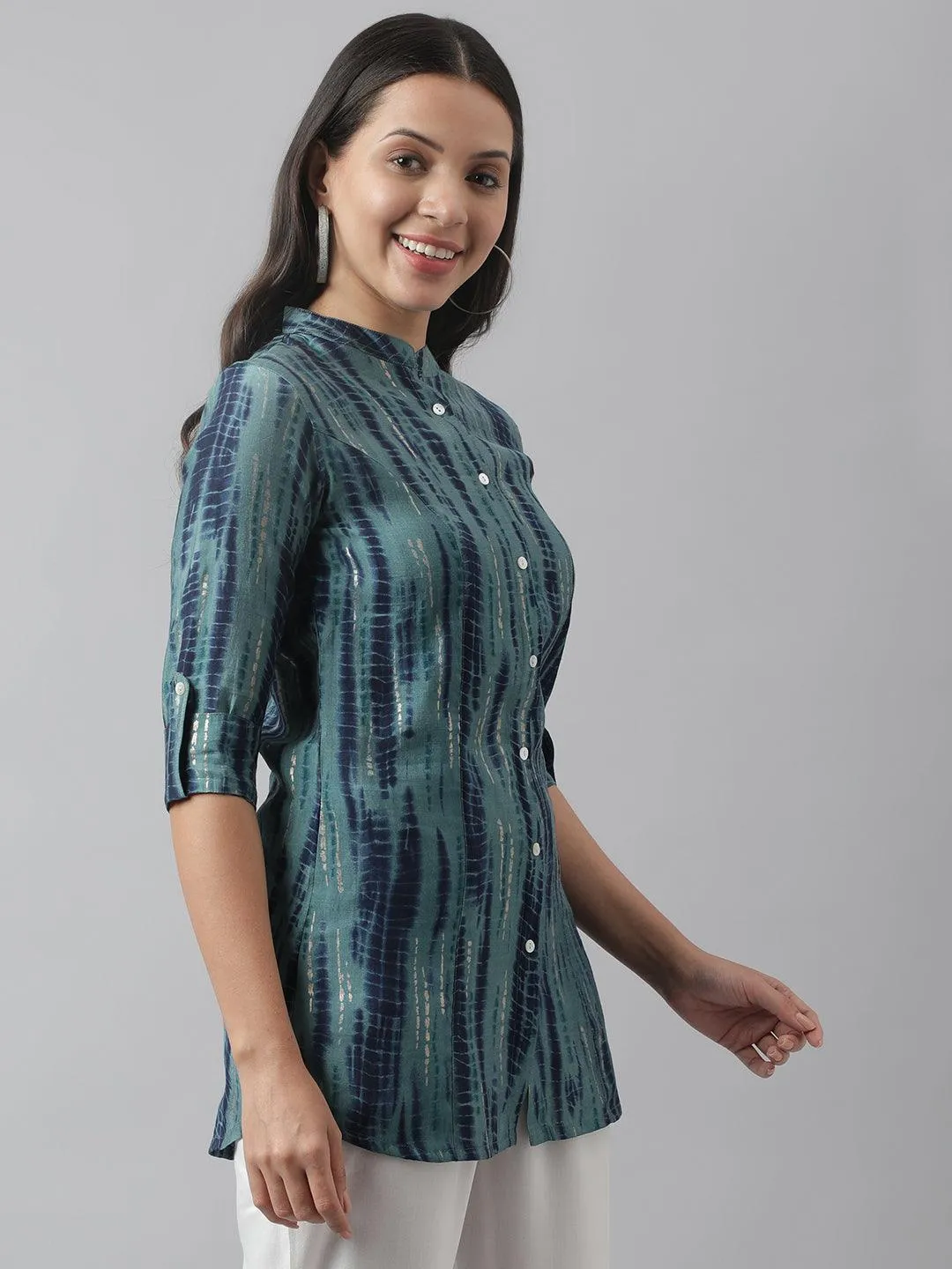 Jashvi Teal Floral Printed Muslin A-line Shirt Style Top