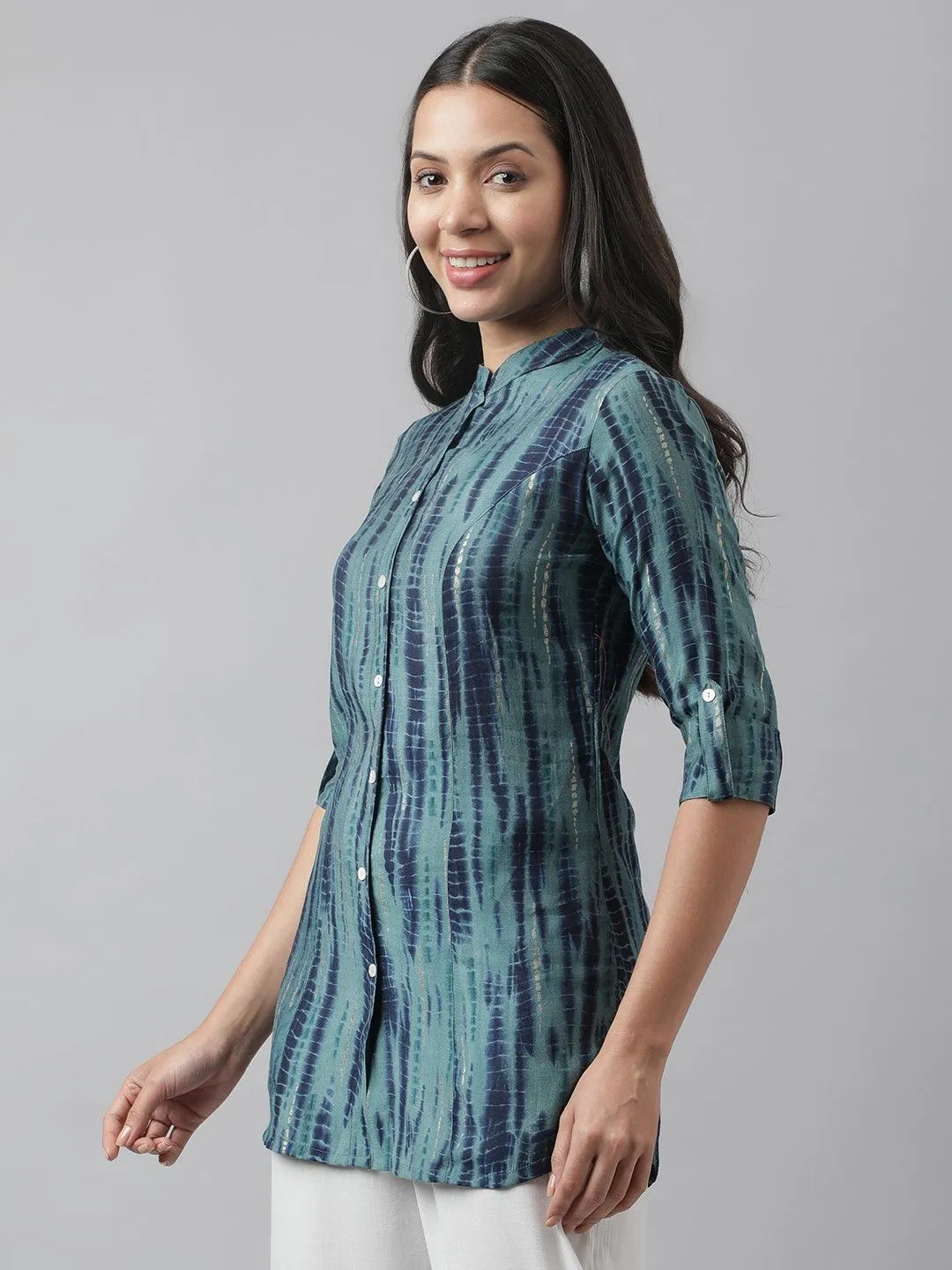 Jashvi Teal Floral Printed Muslin A-line Shirt Style Top