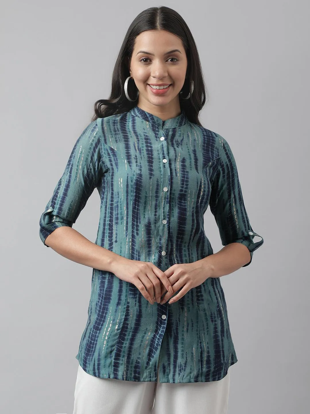 Jashvi Teal Floral Printed Muslin A-line Shirt Style Top