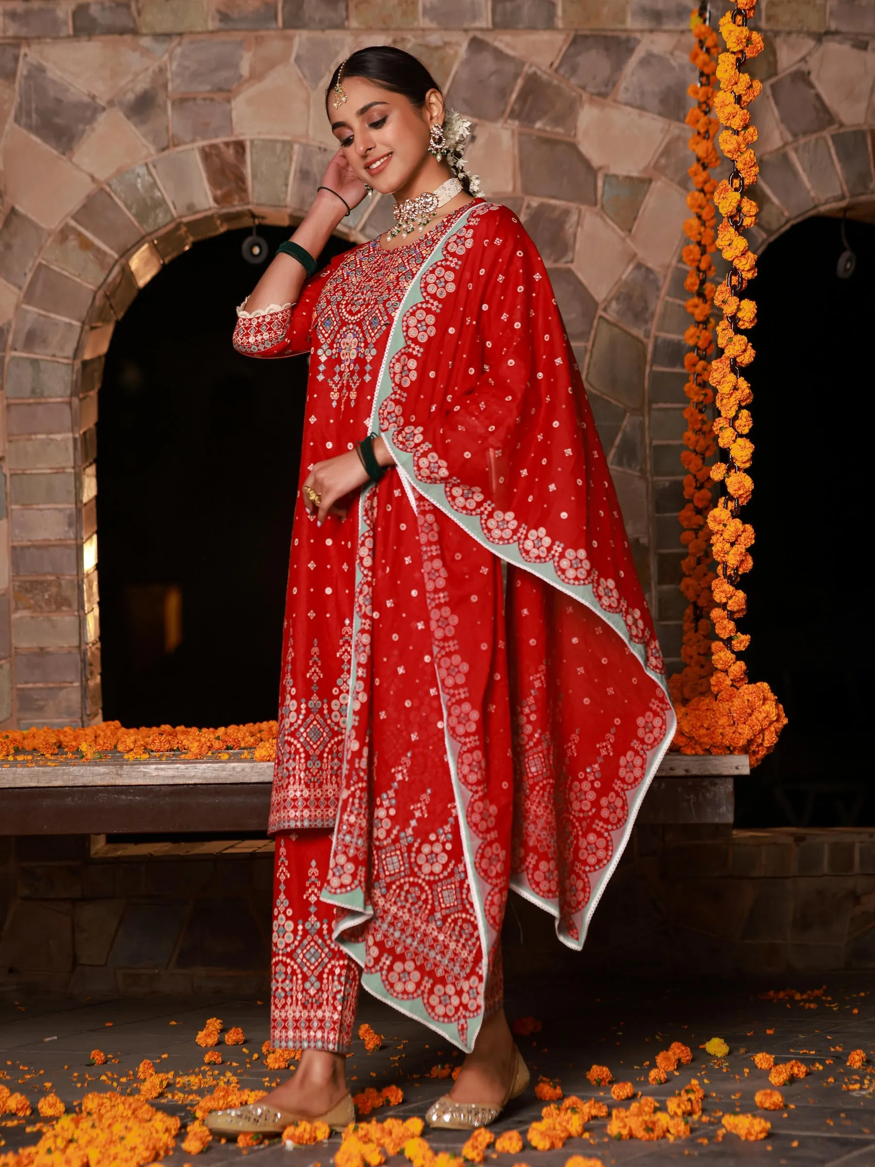 Jashvi The Banjara Red Geometric Print Pure Cotton Kurta With Pant & Dupatta Set With Bead Sequin & Coins