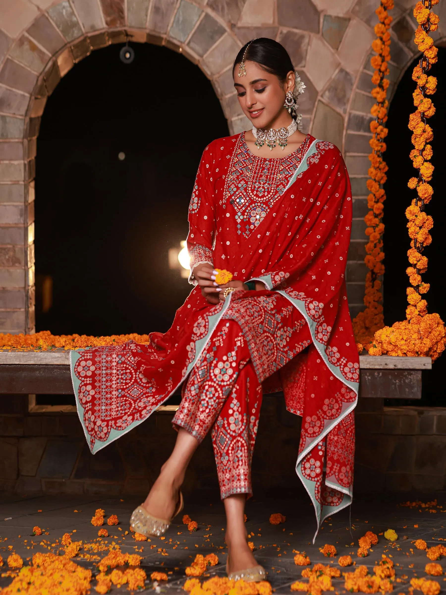 Jashvi The Banjara Red Geometric Print Pure Cotton Kurta With Pant & Dupatta Set With Bead Sequin & Coins