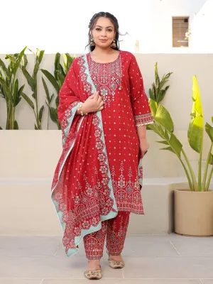 Jashvi The Banjara Red Geometric Printed Pure Cotton Plus Size Kurta Pants & Dupatta Set With Beads Sequins & Coins